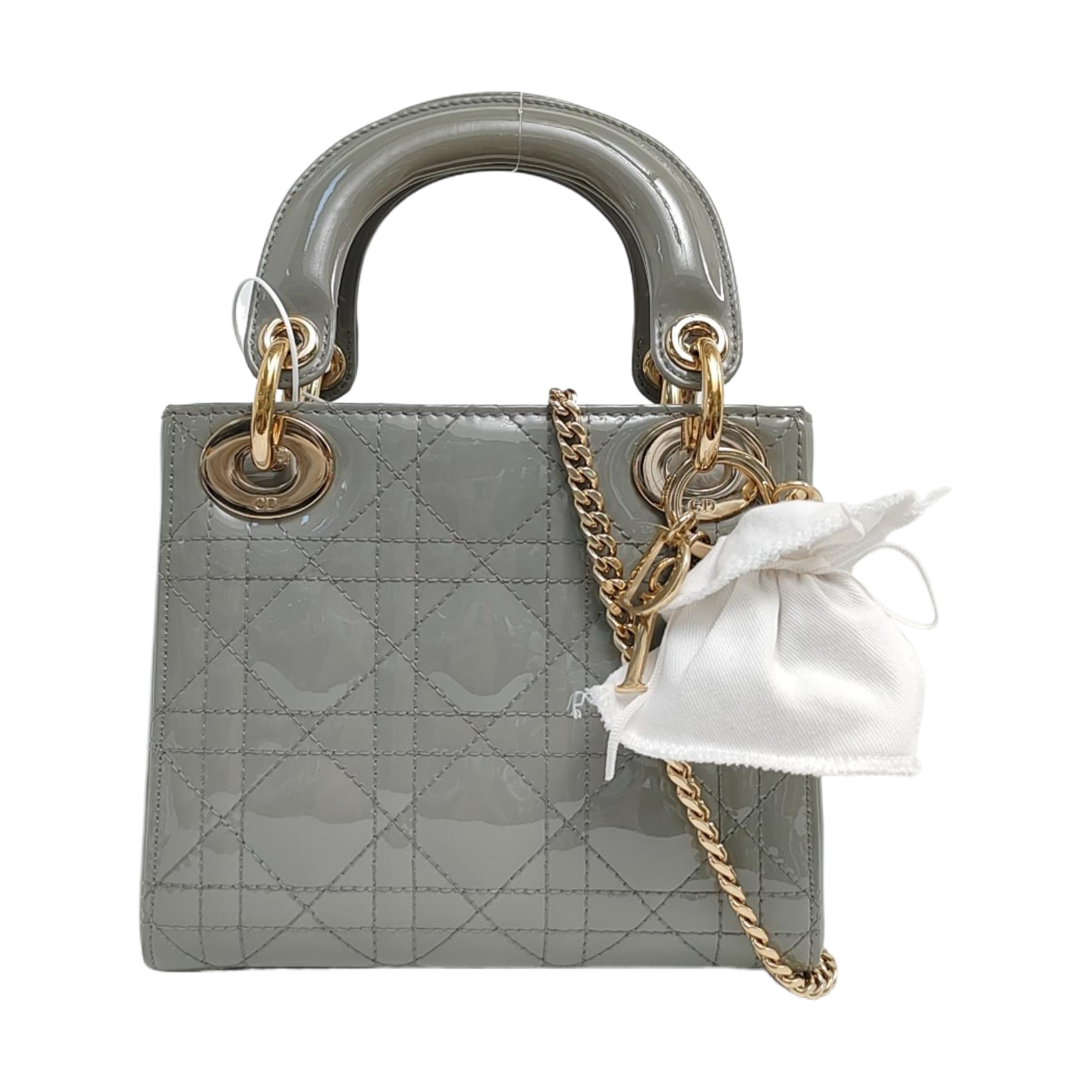 Authenticated pre-owned  Lady Dior Mini Quilted Patent Leather Gray - Tote Bag at Looply