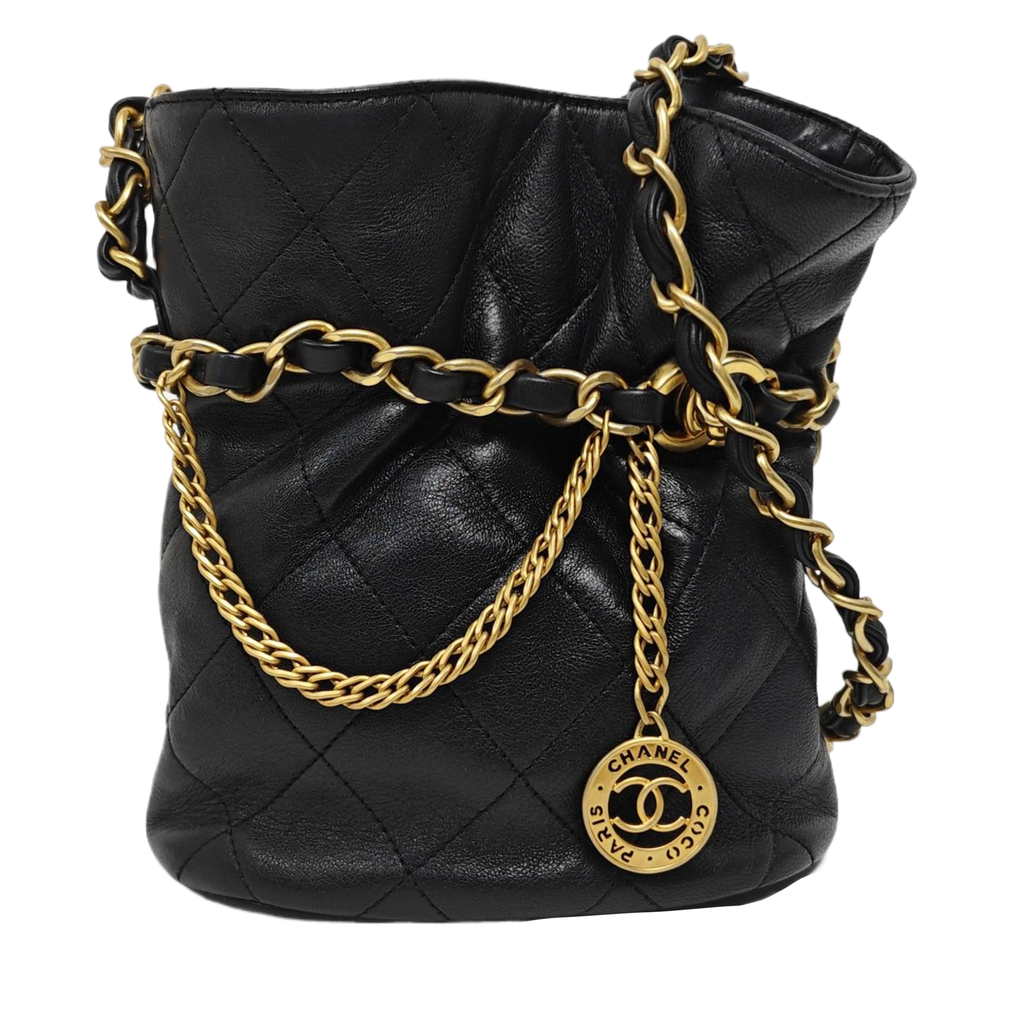 Quilted Lambskin Bucket Bag Small Black