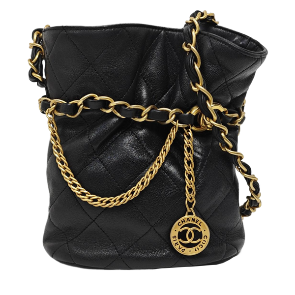Quilted Lambskin Bucket Bag Small Black