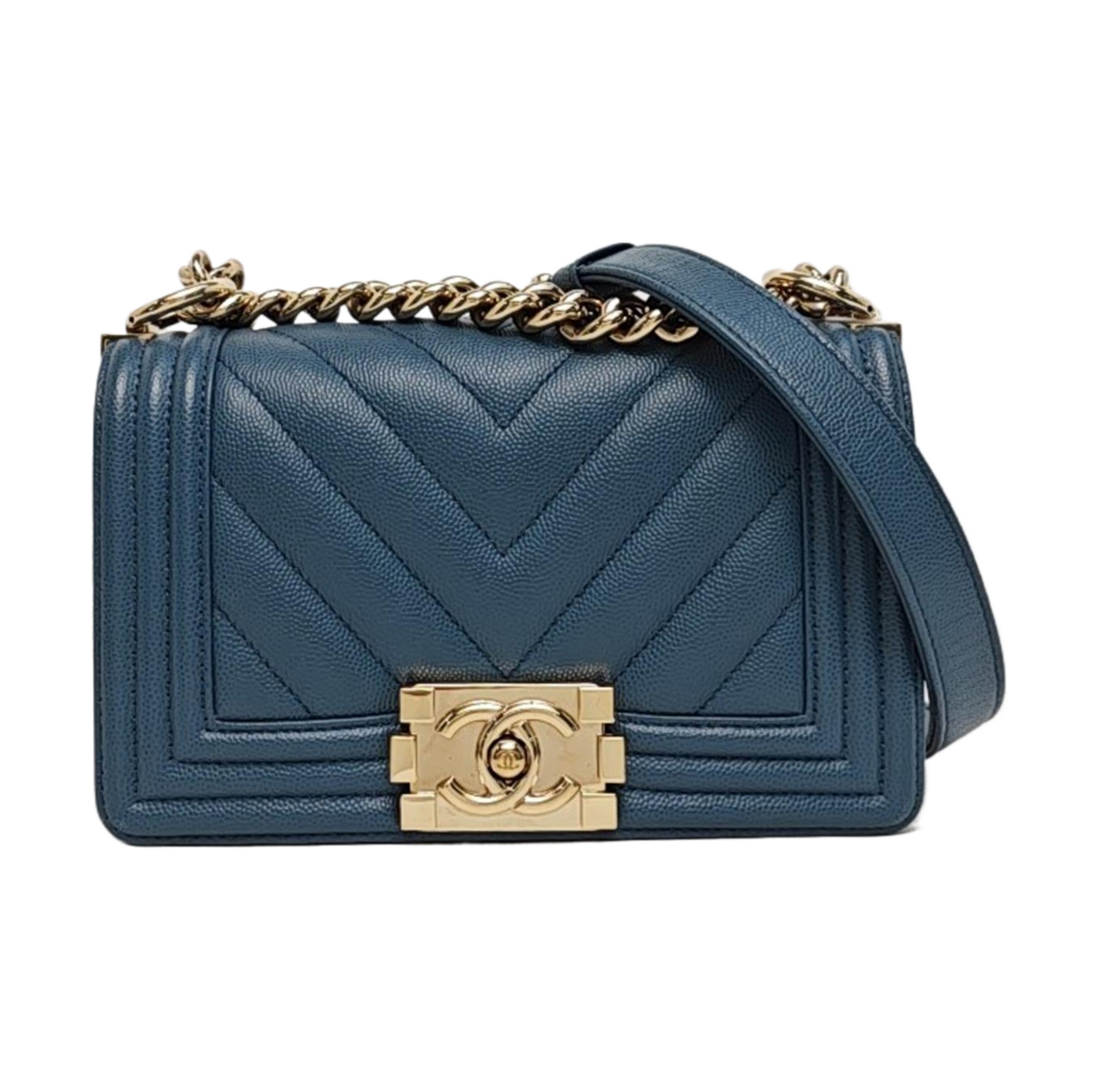 BOY CHANEL Small Chevron, Quilted Grained Calfskin Blue
