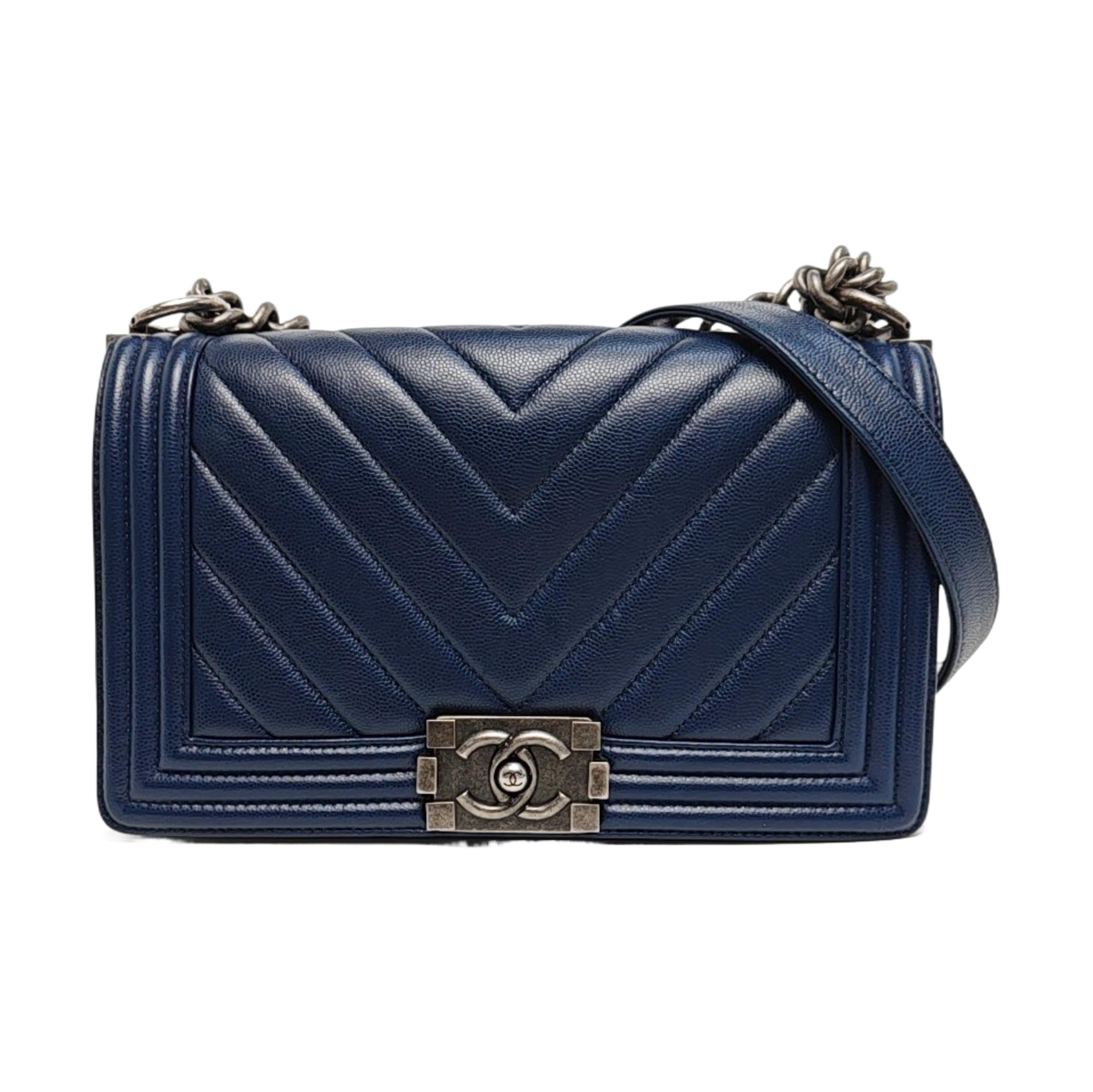 BOY CHANEL Medium Chevron Grained Calfskin Blue