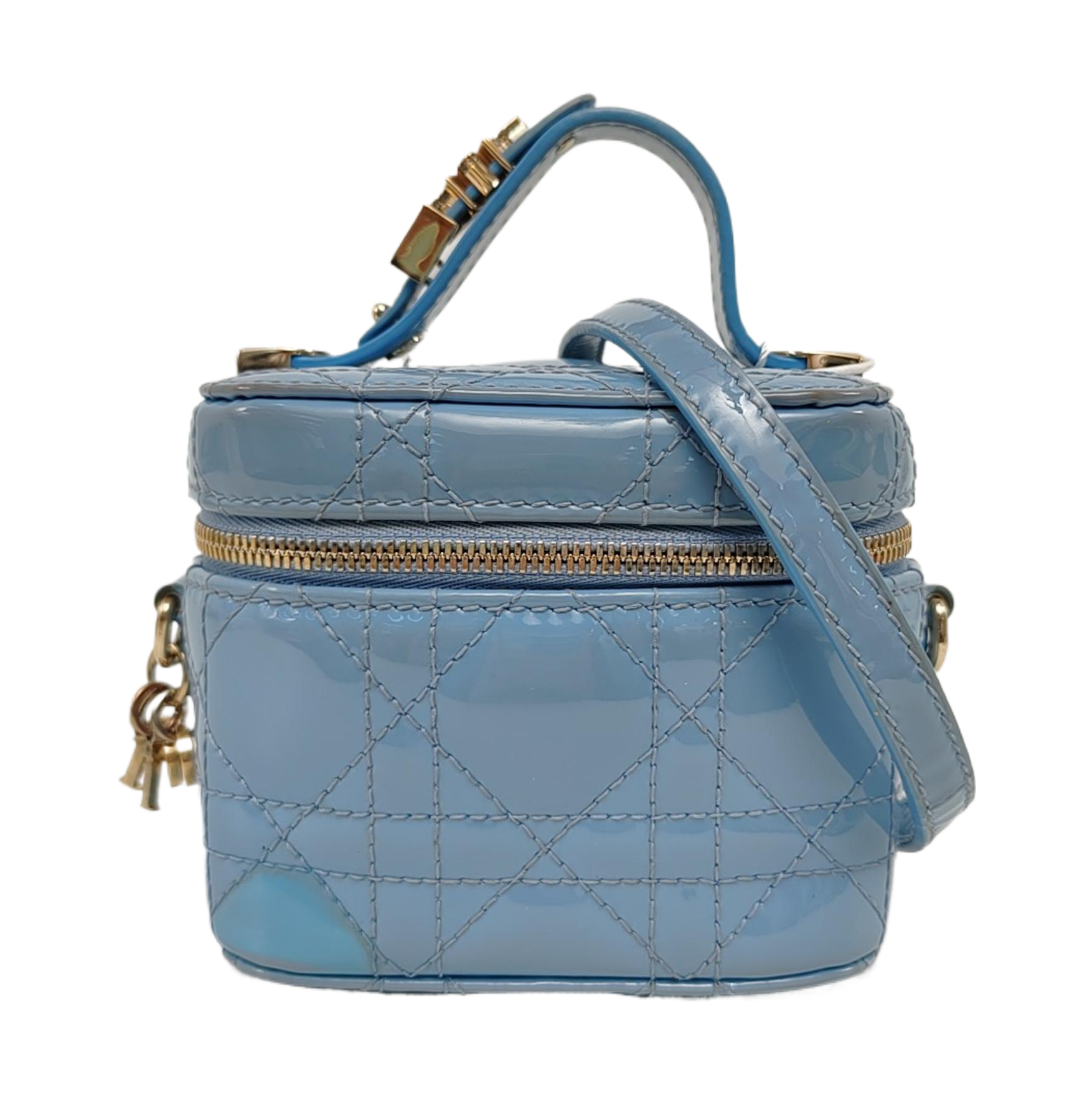 Authenticated pre-owned  Vanity Lady Dior Super Mini Cannage Patent Leather Blue - Shoulder Bag at Looply