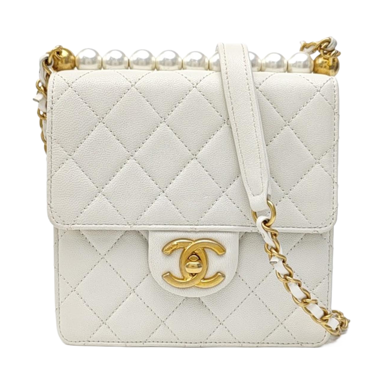 CLASSIC VERTICAL PEARL Small Quilted Lambskin White
