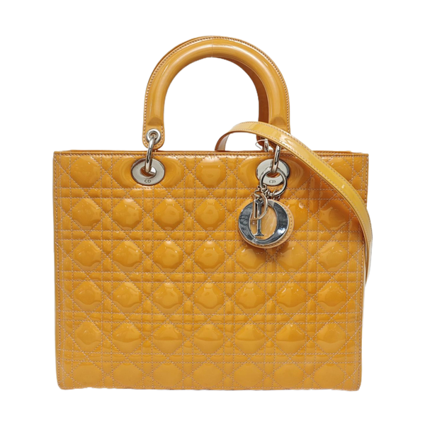 Authenticated pre-owned  Lady Dior Large Quilted Patent Leather Yellow - Tote Bag at Looply