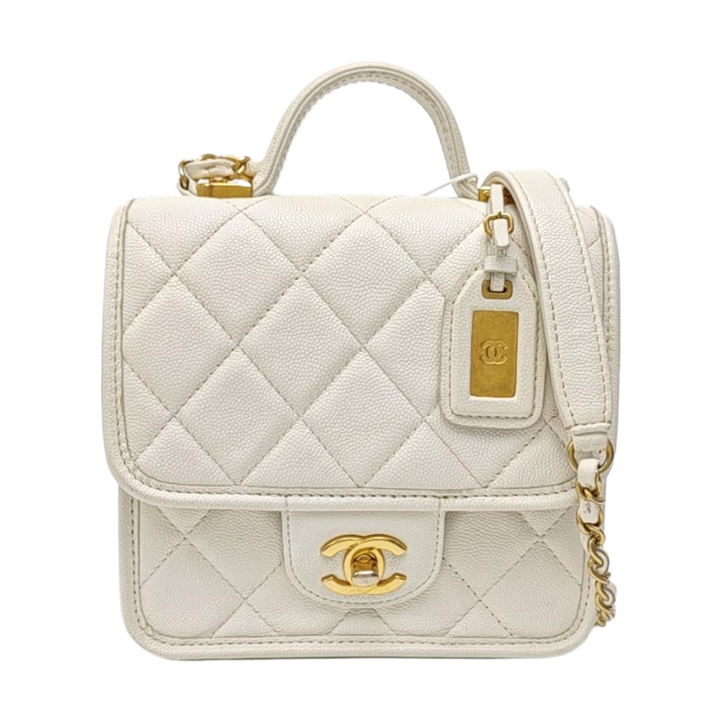 Quilted Grained Calfskin Shoulder Bag Small White