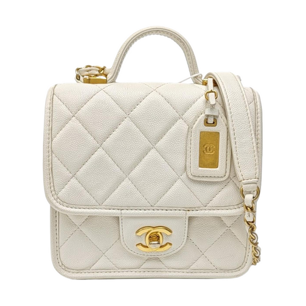 Quilted Grained Calfskin Shoulder Bag Small White