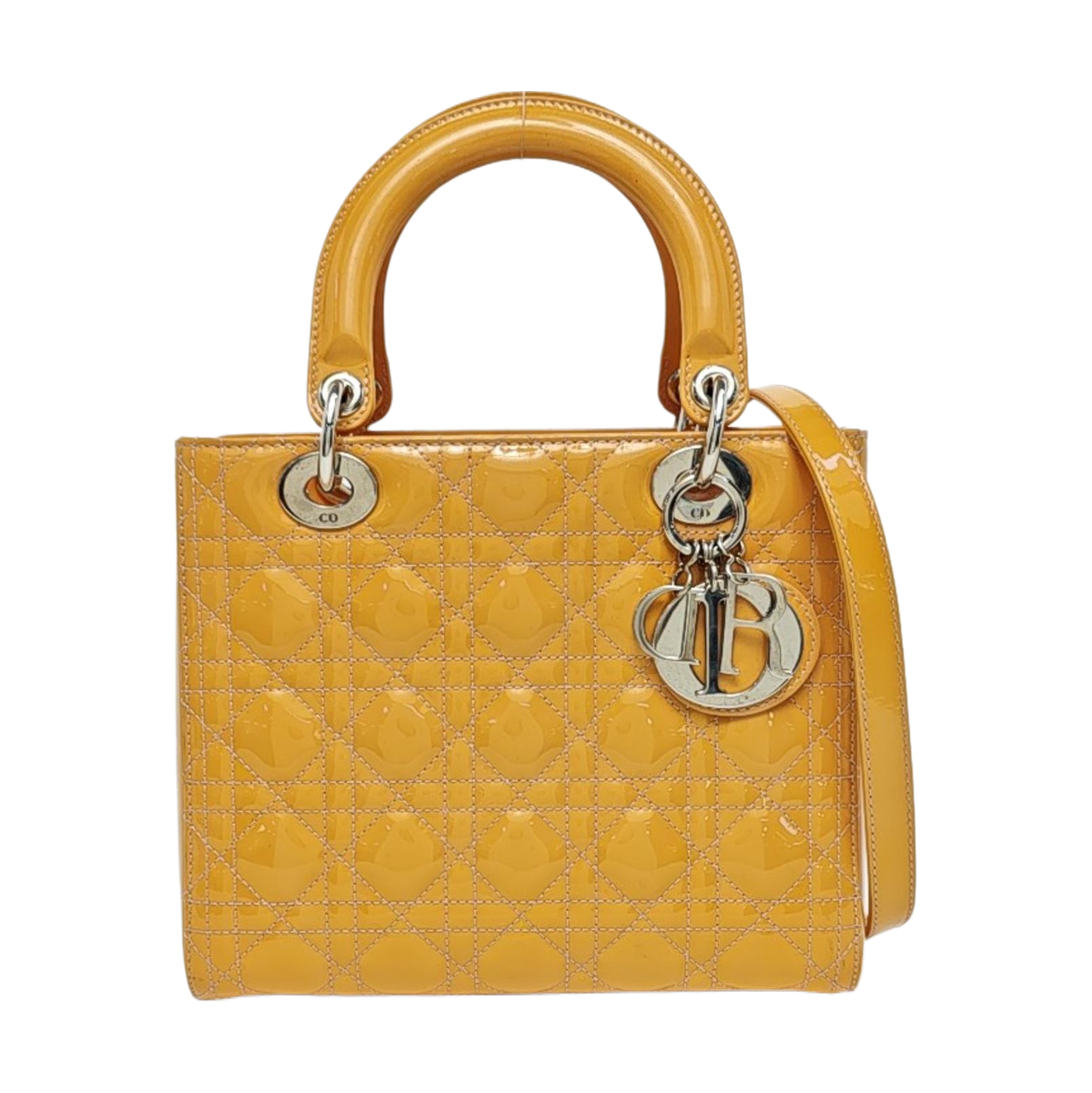 Authenticated pre-owned  Lady Dior Medium Quilted Patent Leather Yellow - Tote Bag at Looply