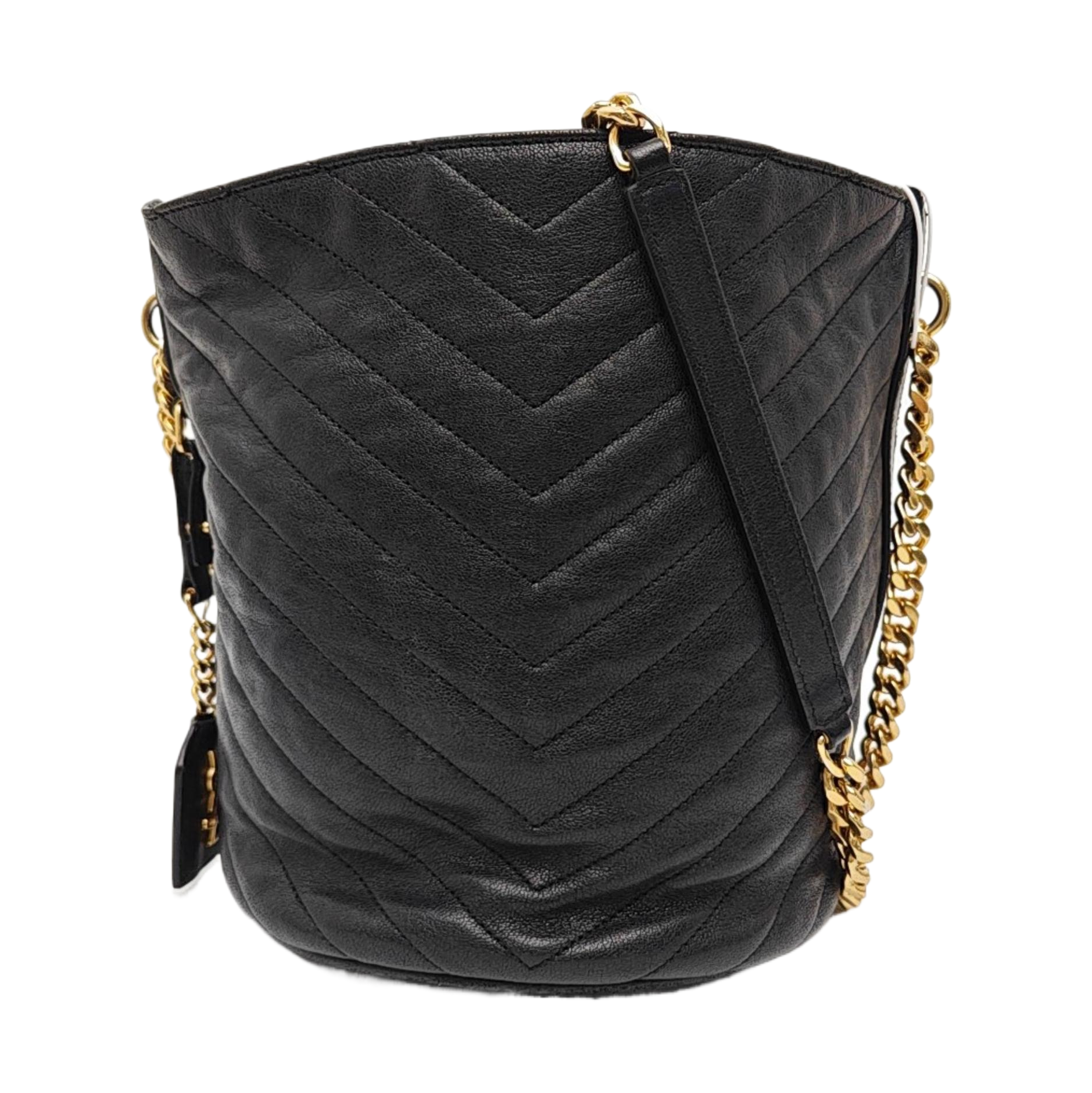 Chevron Calfskin Bucket Bag Black