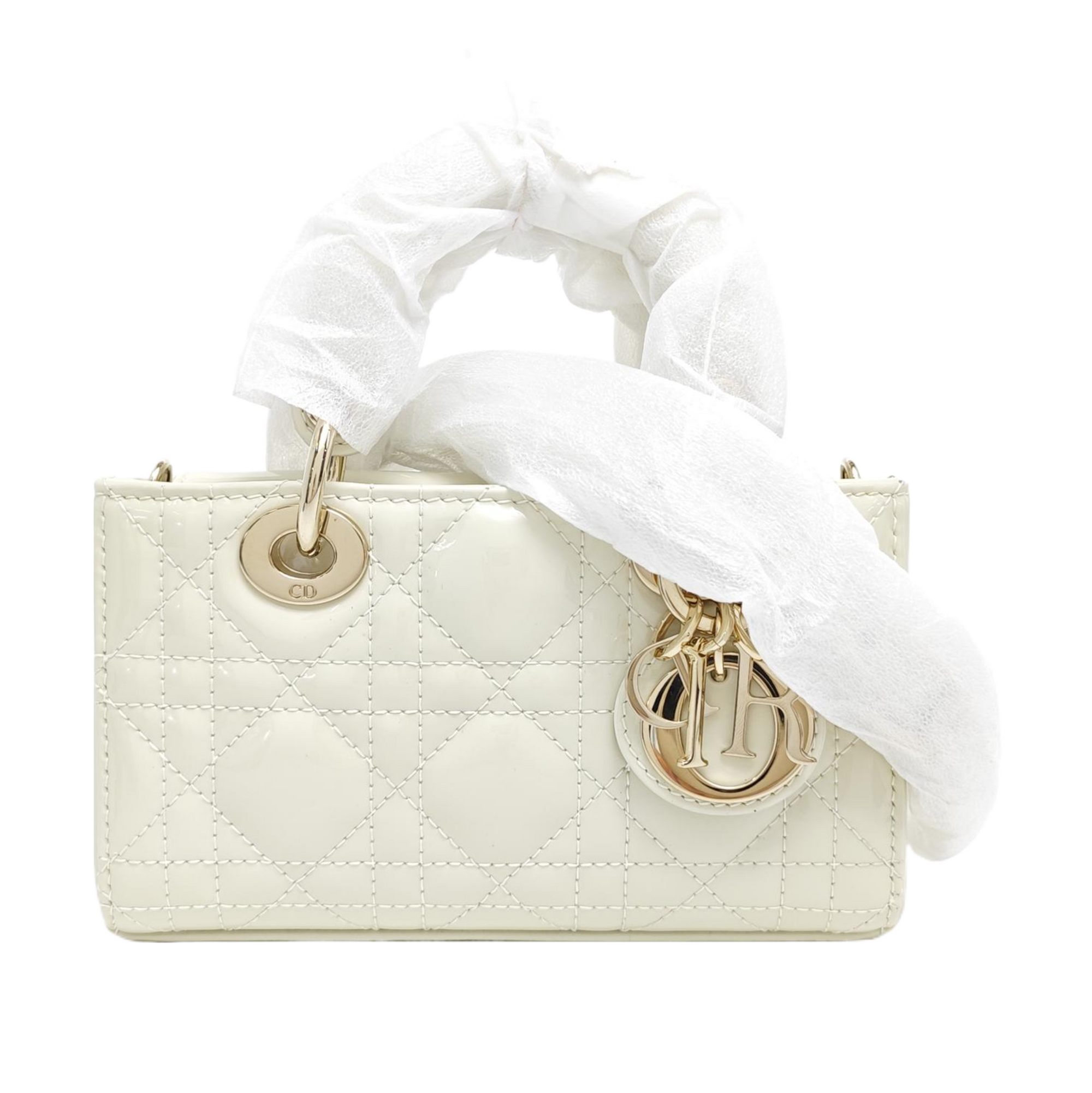 Lady D-Joy Super Mini Cannage Patent Leather White