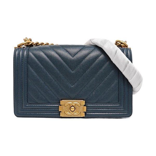 Authenticated pre-owned  BOY CHANEL Medium Chevron, Quilted Grained Calfskin Blue - Shoulder Bag at Looply