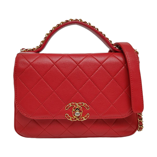 CHAIN INFINITY TOP HANDLE Medium Quilted Lambskin Red