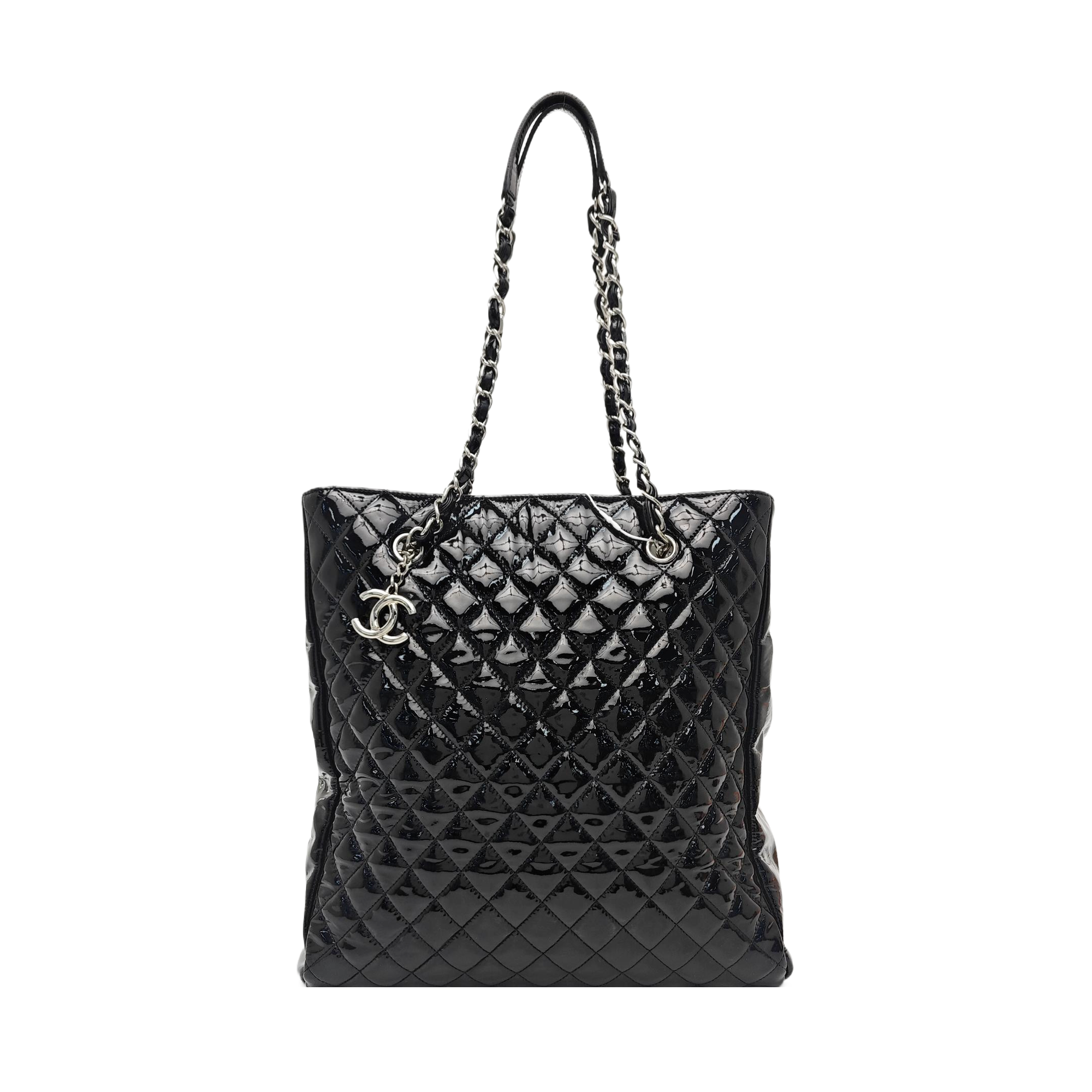 Quilted Patent Leather Tote Bag Black