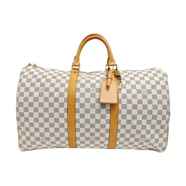 KEEPALL 50 Damier Azur Coated Canvas White