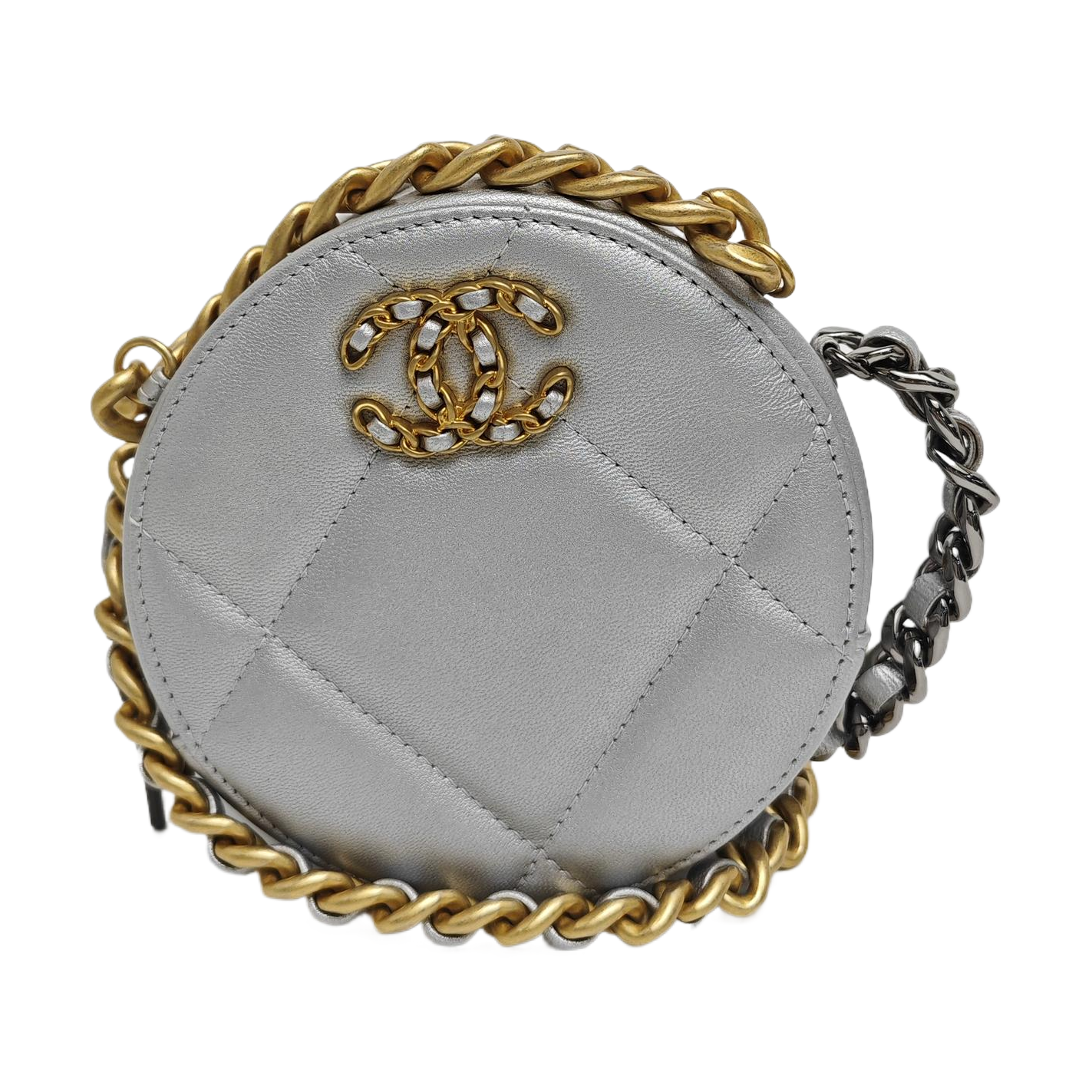 CHANEL 19 Piel de cordero acolchada plateada