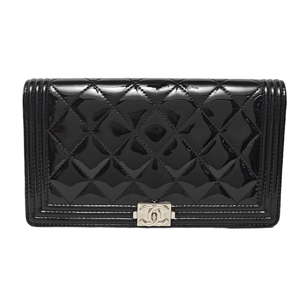 BOY CHANEL Mini Quilted Patent Leather Black Wallet