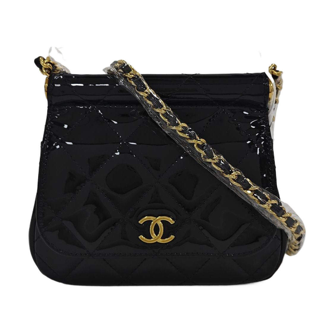 Quilted Patent Leather Shoulder Bag Black