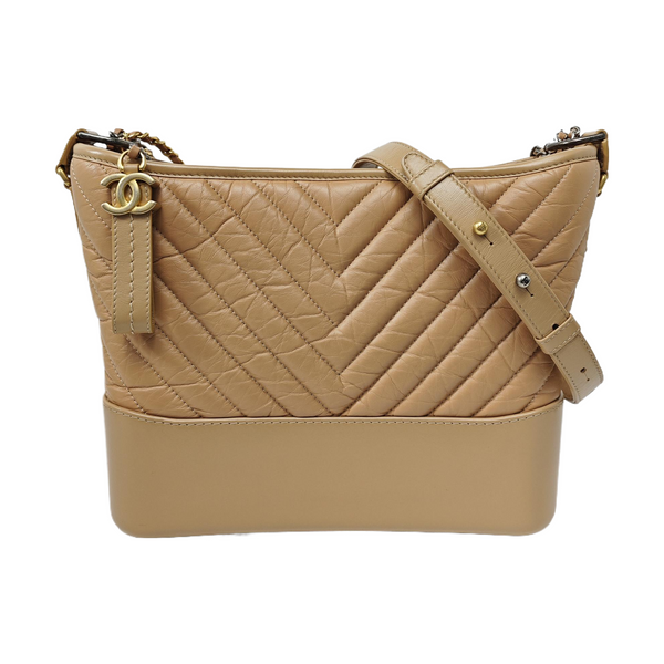 GABRIELLE Medium Chevron Calfskin Beige
