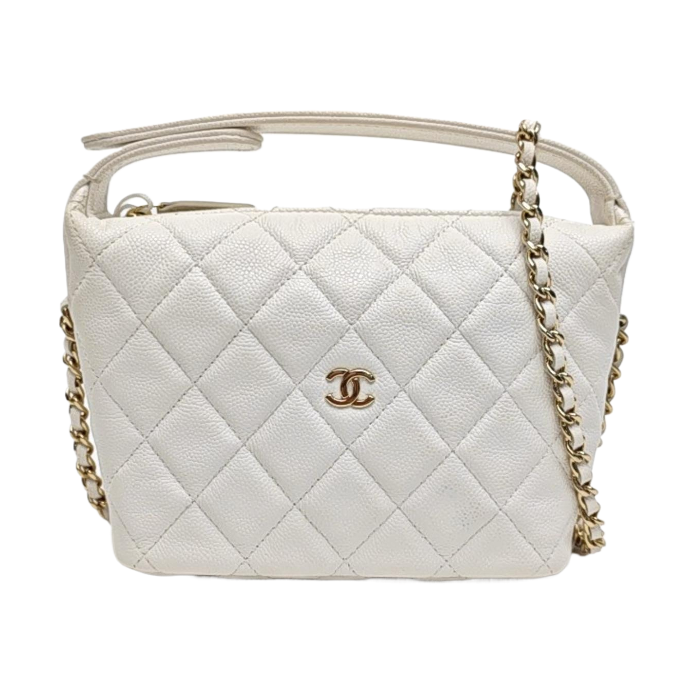 Quilted Grained Calfskin Shoulder Bag White