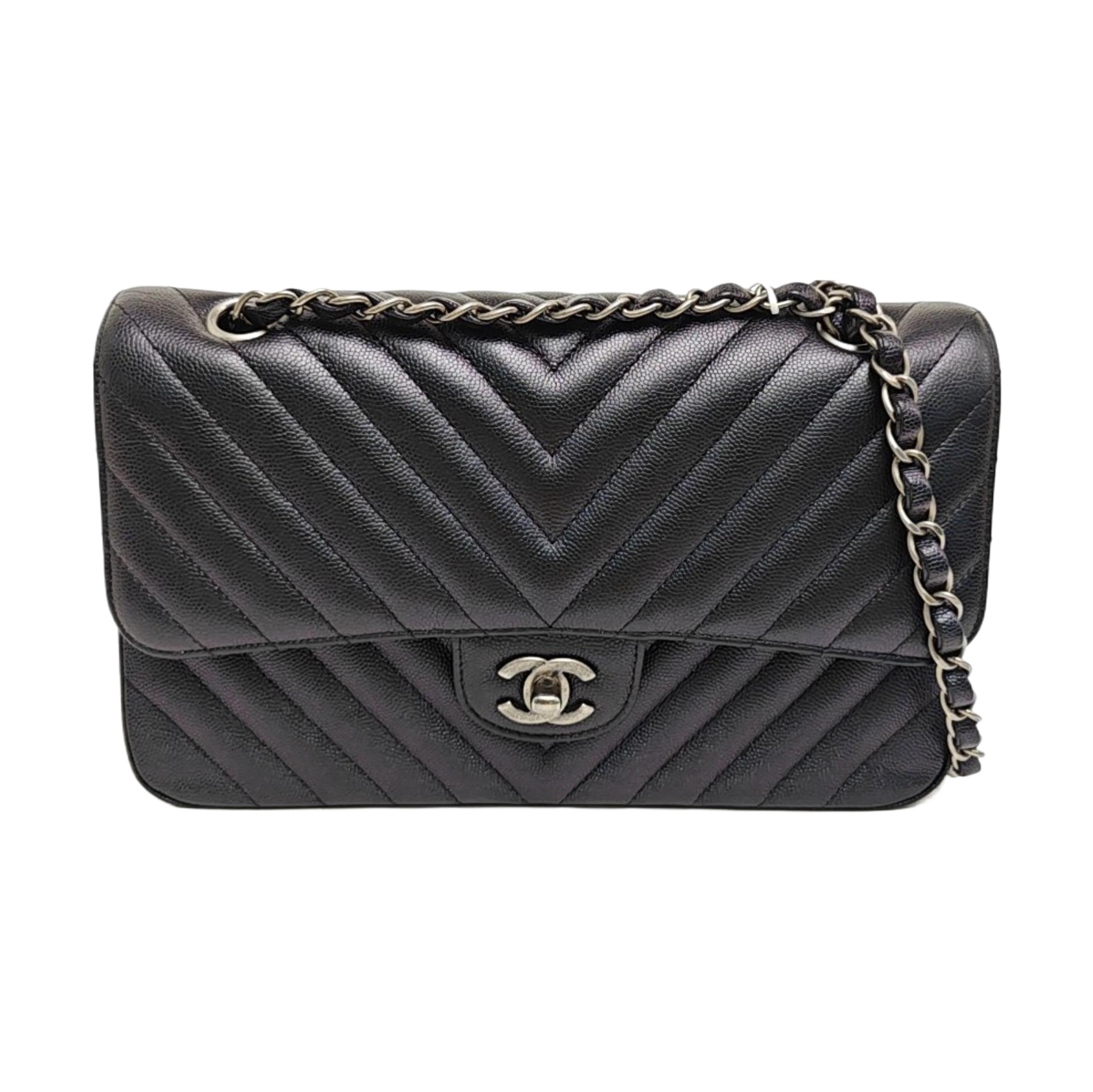 CLASSIC FLAP Small Chevron Grained Calfskin Metallic
