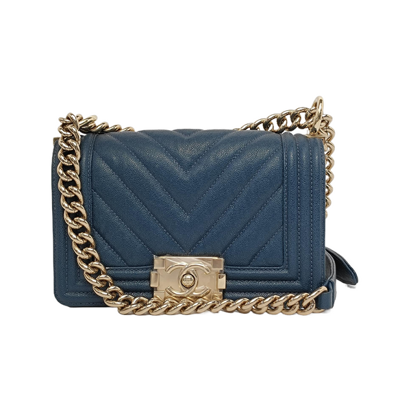 BOY CHANEL Small Chevron, Quilted Grained Calfskin Blue