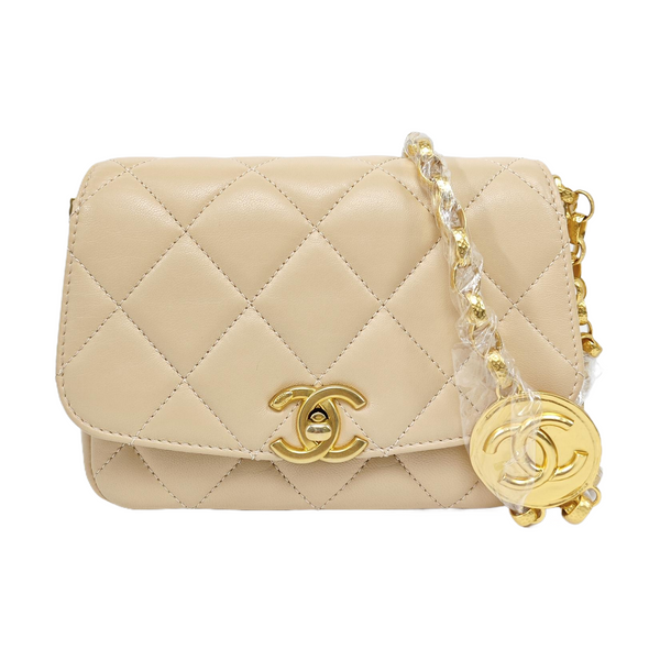 Quilted Lambskin Shoulder Bag Small Beige