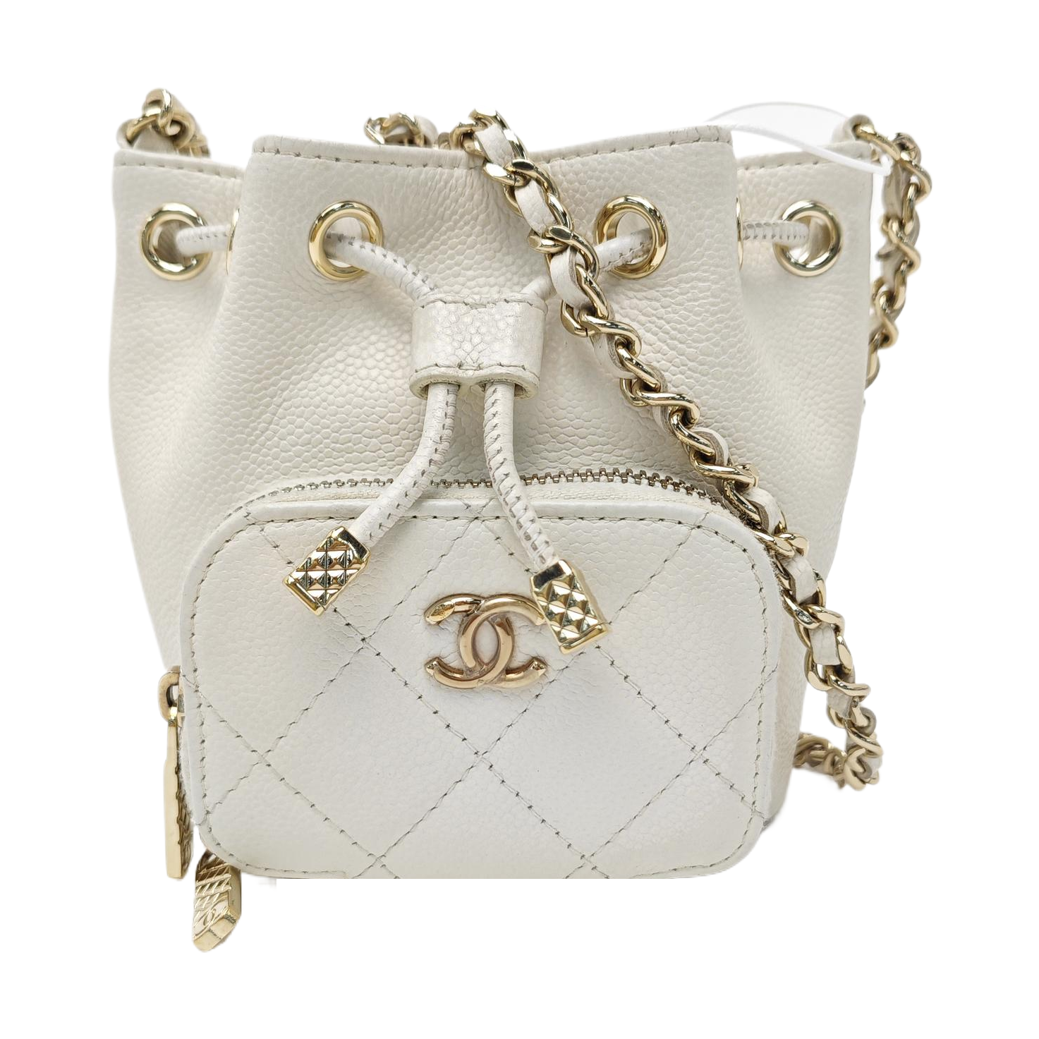 Quilted Grained Calfskin Bucket Bag Mini White