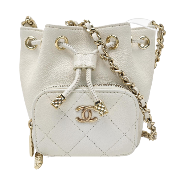 Quilted Grained Calfskin Bucket Bag Mini White