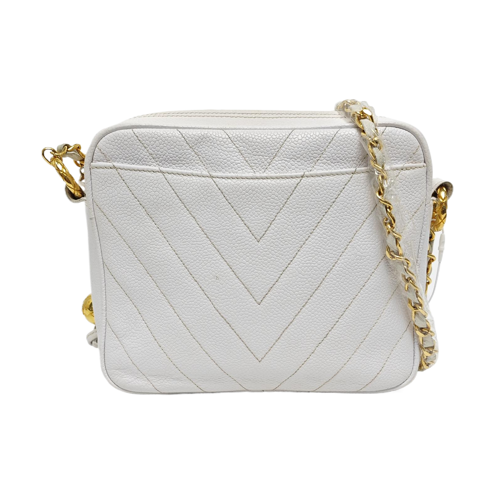 Chevron Grained Calfskin Crossbody Bag White