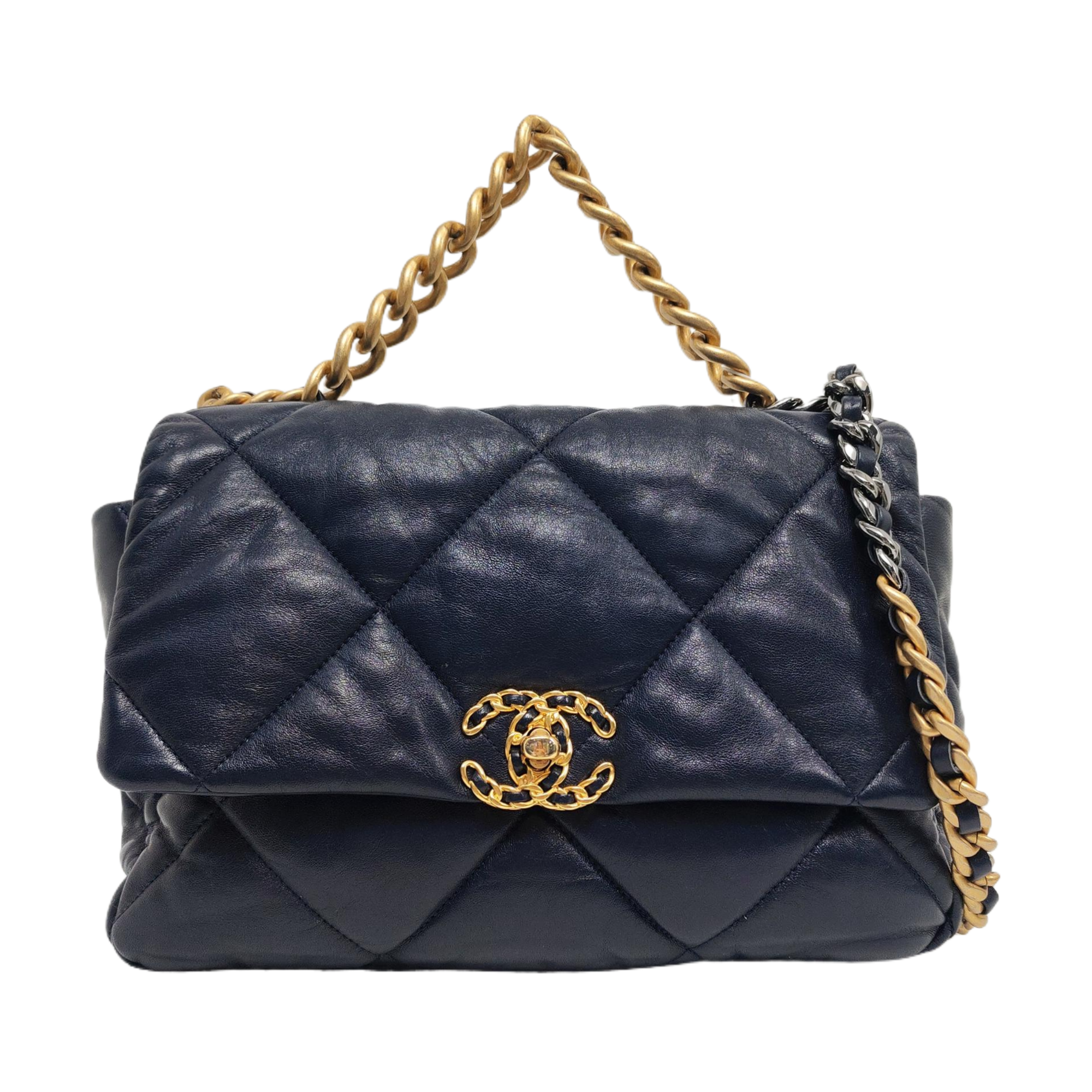 CHANEL 19 Grande de piel de cordero acolchada azul
