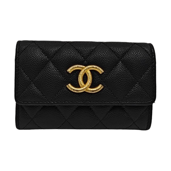 Quilted Grained Calfskin Card Holder Black