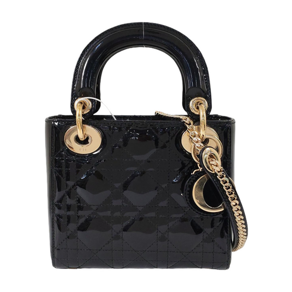 Authenticated pre-owned  Lady Dior Mini Quilted Patent Leather Black - Tote Bag at Looply