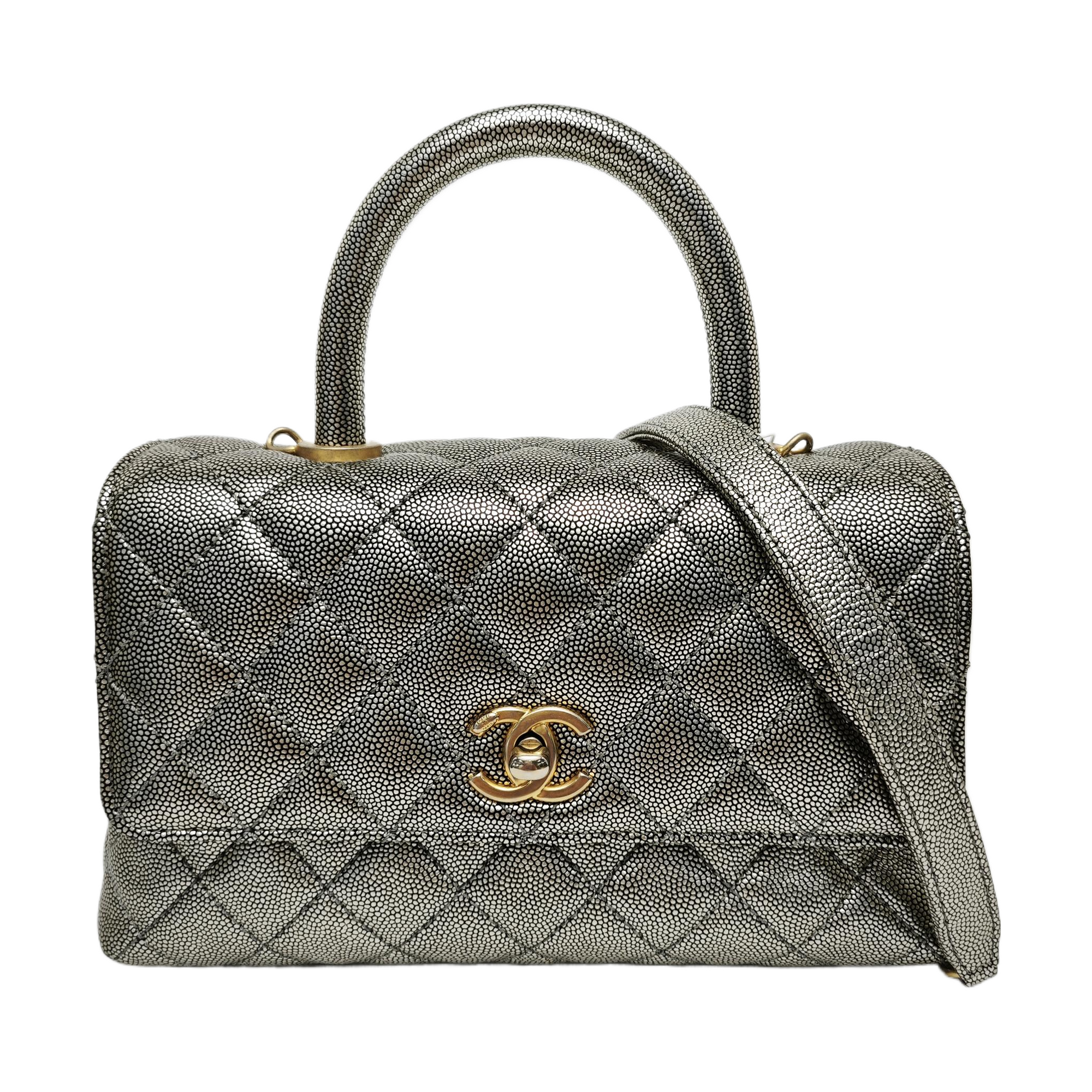 COCO HANDLE Small Quilted Grained Calfskin Silver