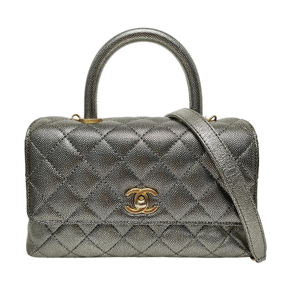 COCO HANDLE Small Quilted Grained Calfskin Silver