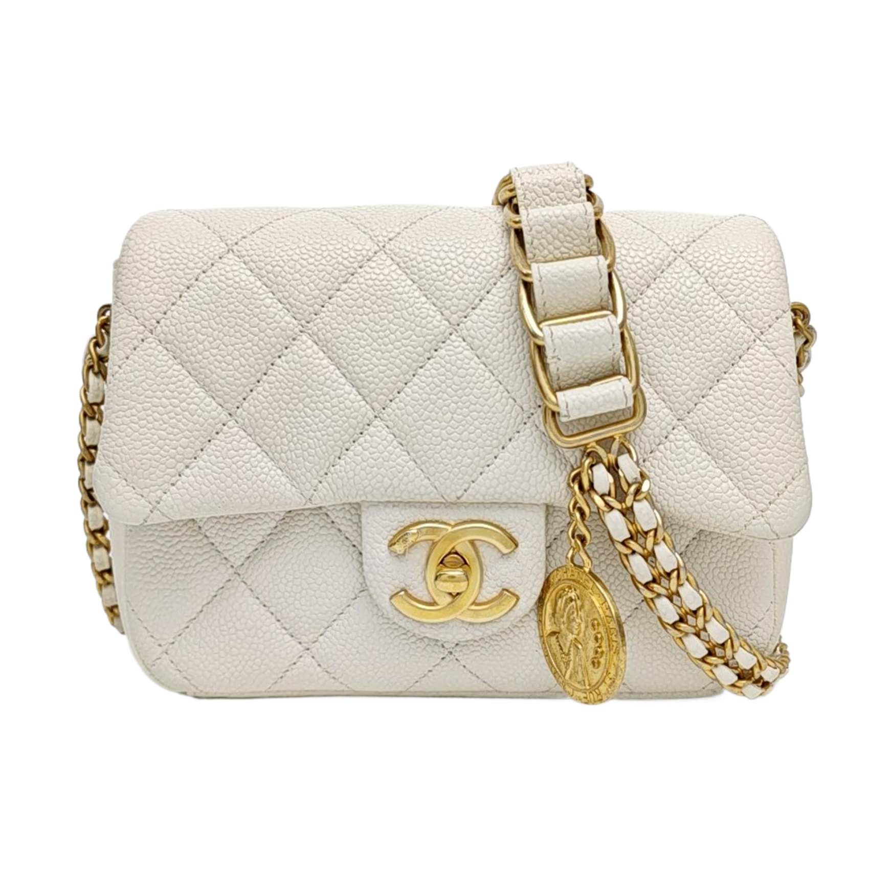 Quilted Grained Calfskin Shoulder Bag Mini White