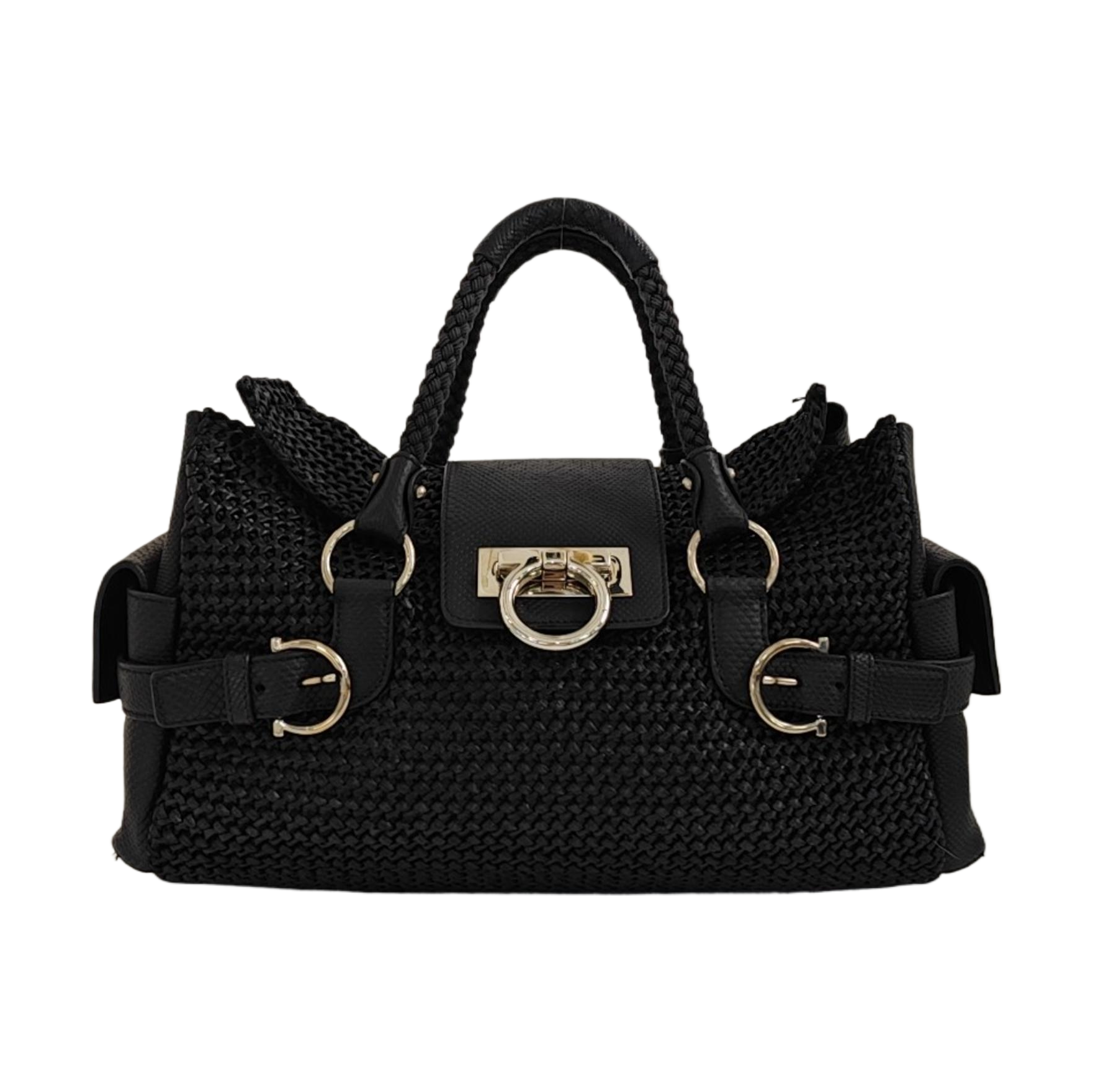 Straw Top Handle Bag Black