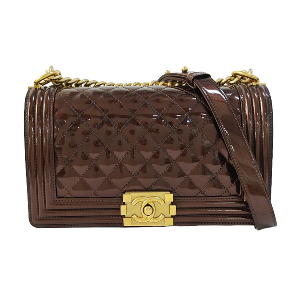 BOY CHANEL Medium Quilted Patent Leather Brown