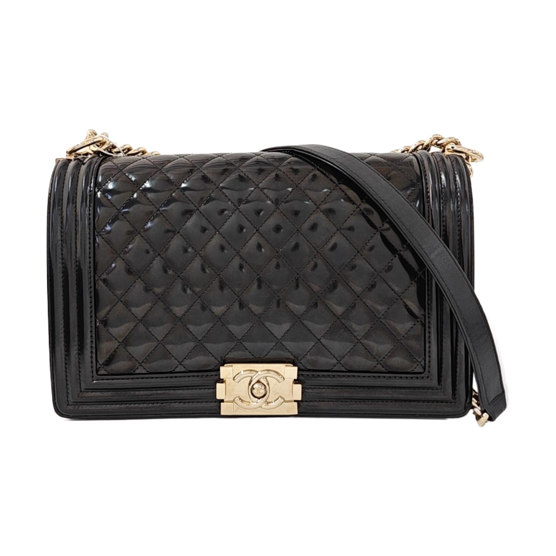 BOY CHANEL Large Quilted Patent Leather Black