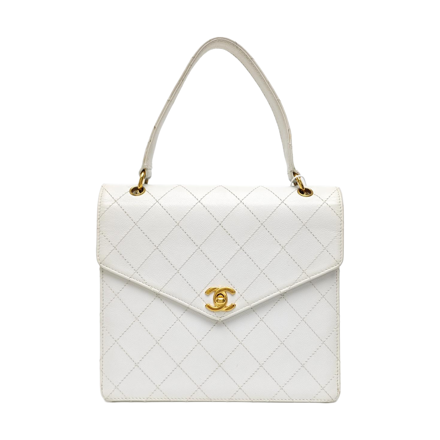 Quilted Grained Calfskin Top Handle Bag White