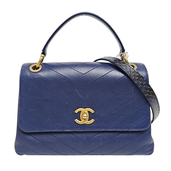 Chevron Calfskin Shoulder Bag Blue