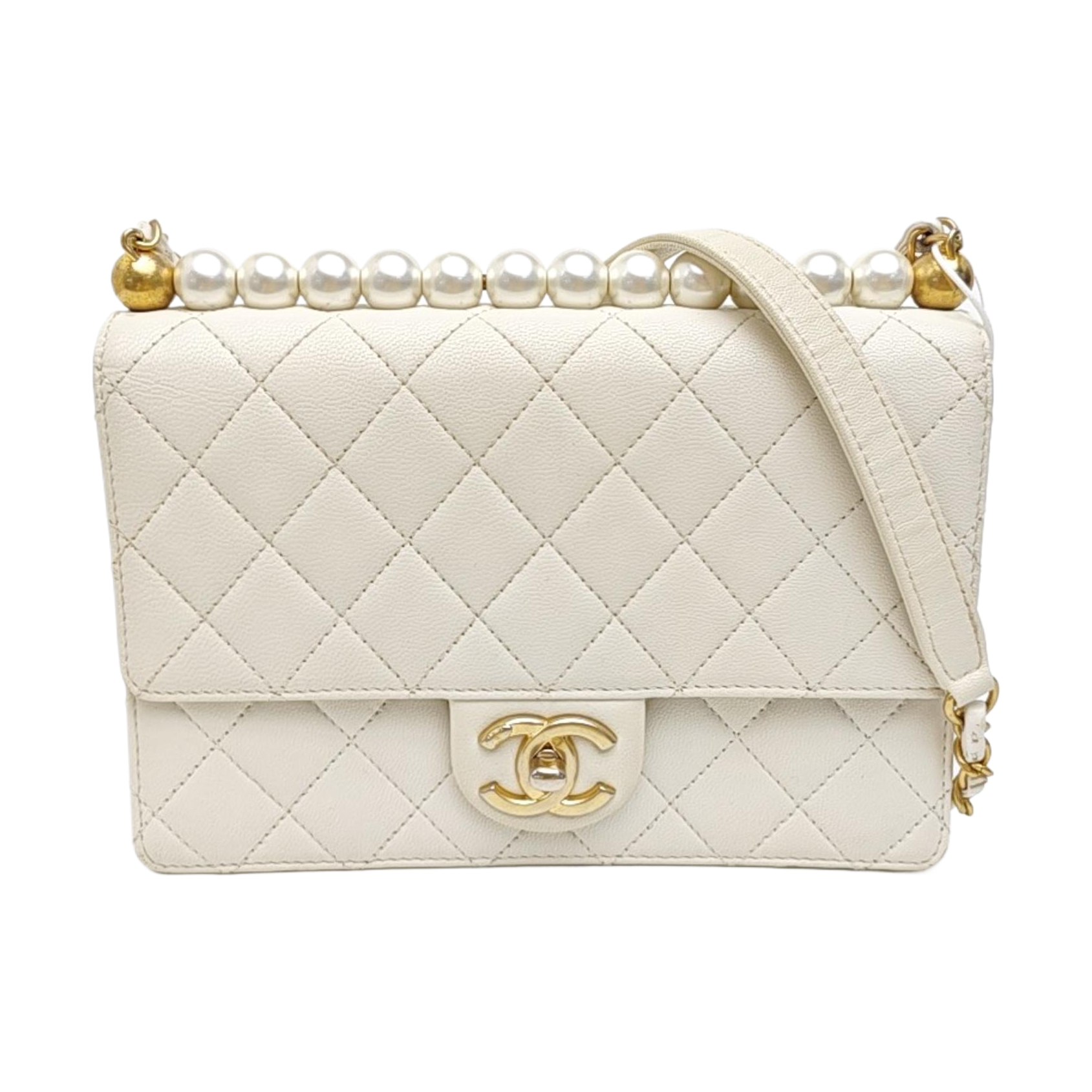 CLASSIC VERTICAL PEARL Quilted Lambskin White