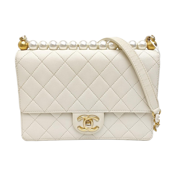 CLASSIC VERTICAL PEARL Quilted Lambskin White