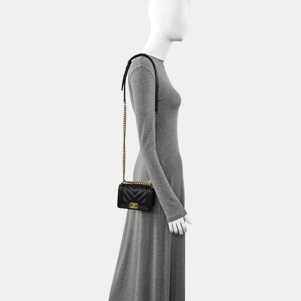 Authenticated pre-owned  BOY CHANEL Small Chevron, Quilted Calfskin Black - Shoulder Bag at Looply