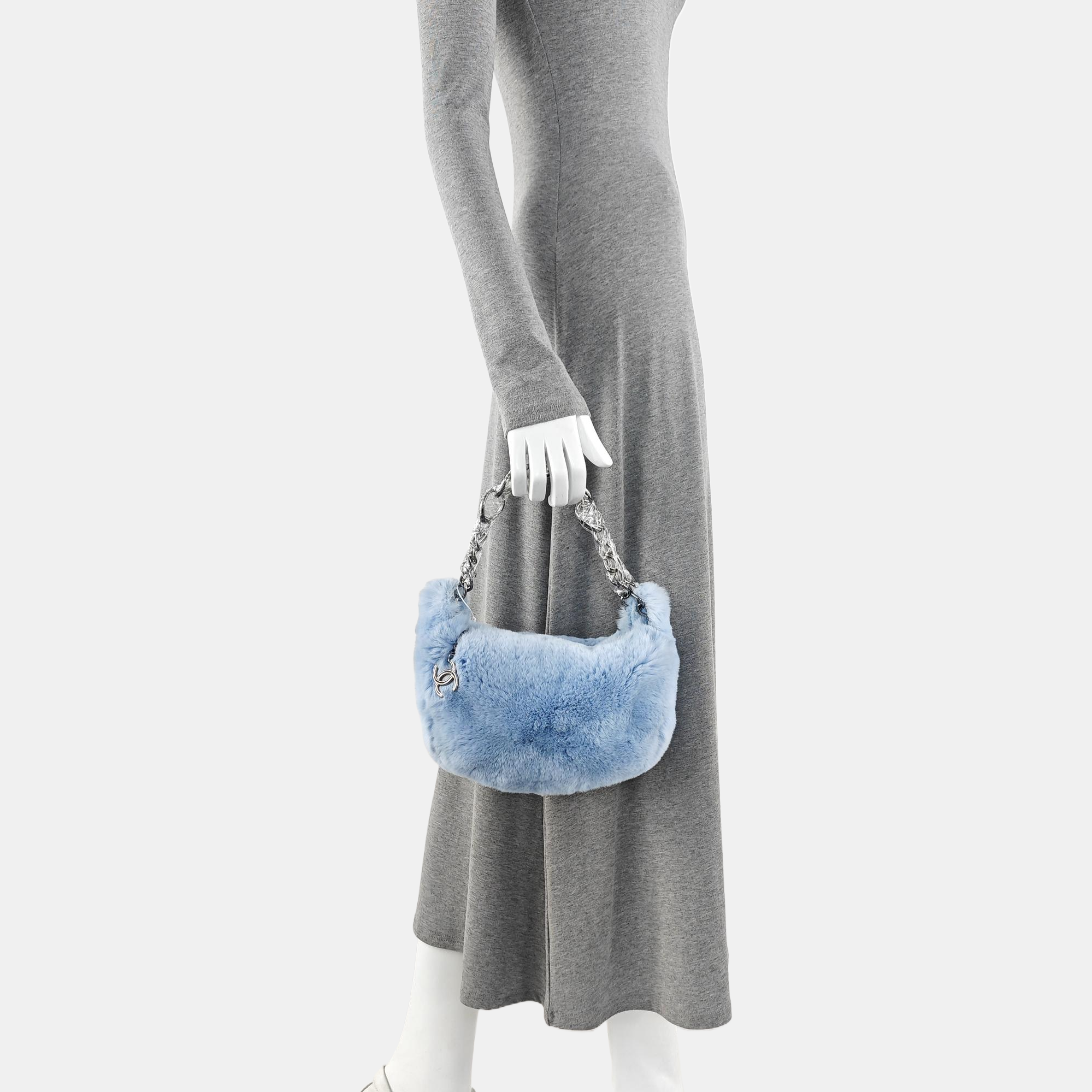 Rabbit Fur Top Handle Bag Blue