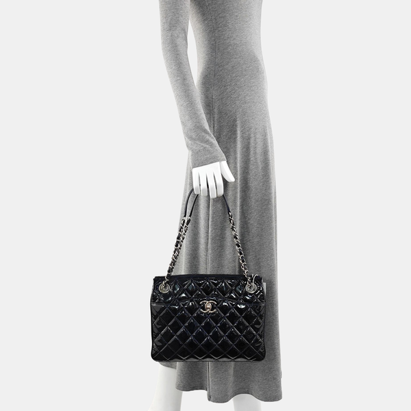 Quilted Patent Leather Top Handle Bag Blue