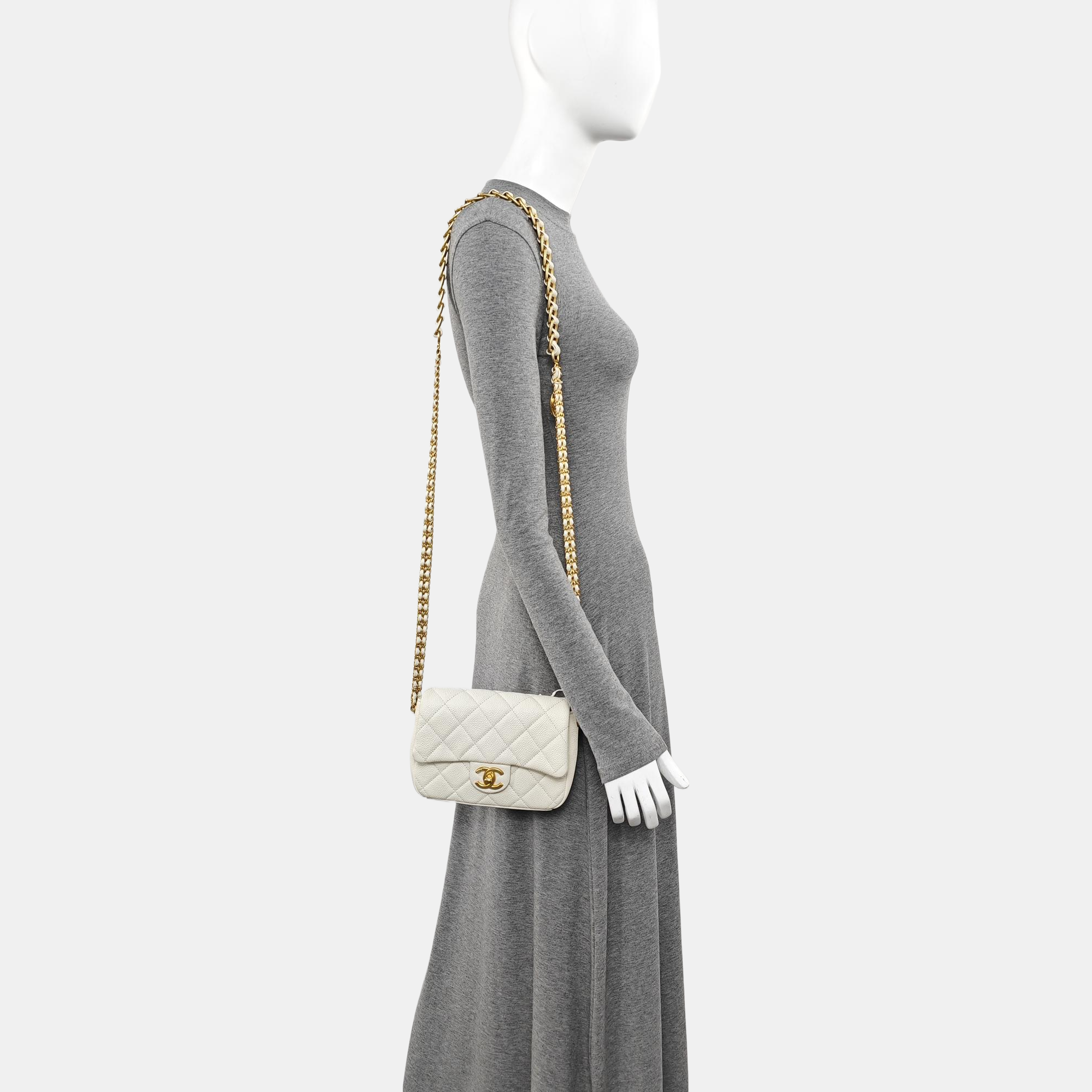 Quilted Grained Calfskin Shoulder Bag Mini White