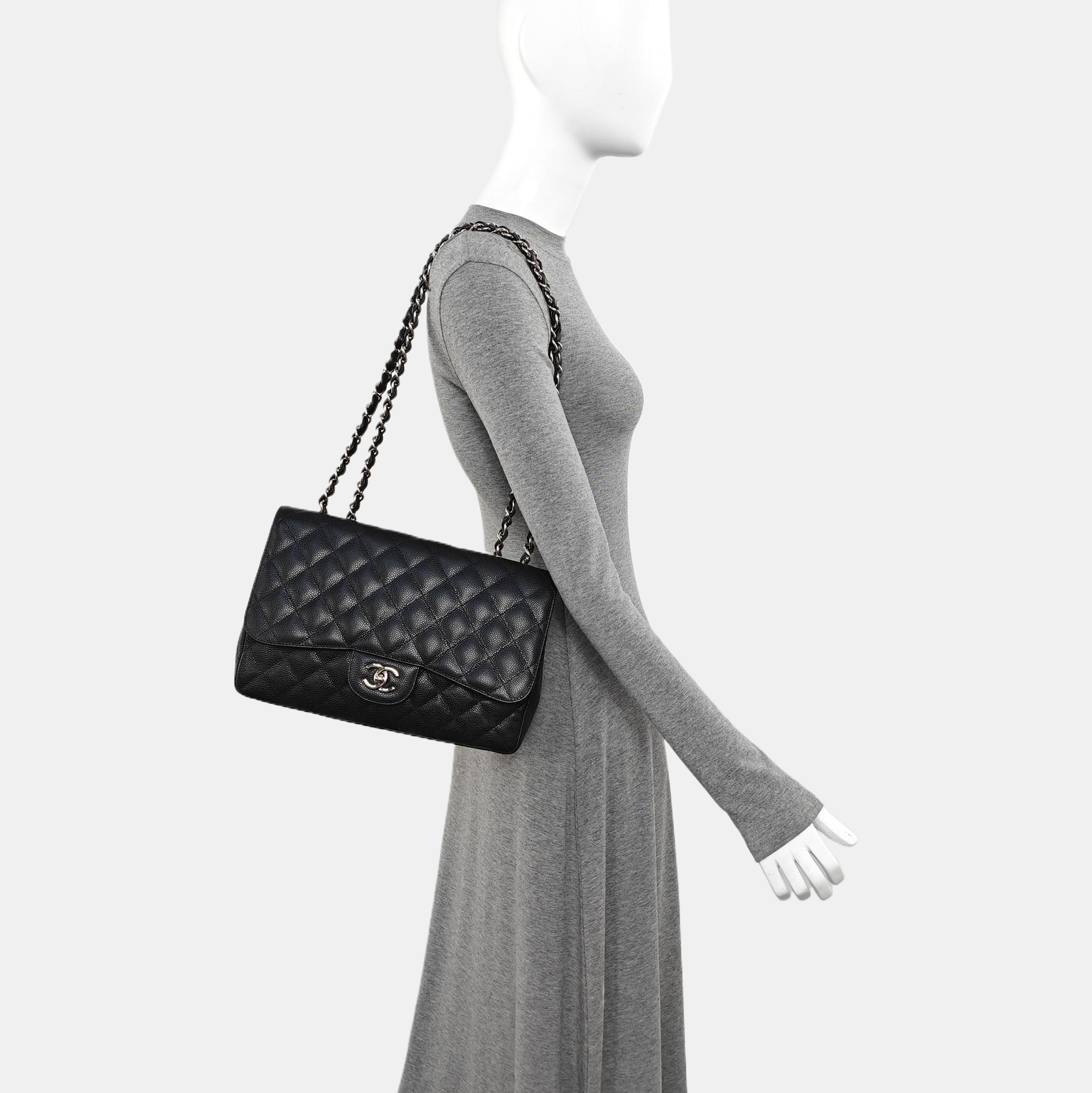 Quilted Grained Calfskin Shoulder Bag Large Black