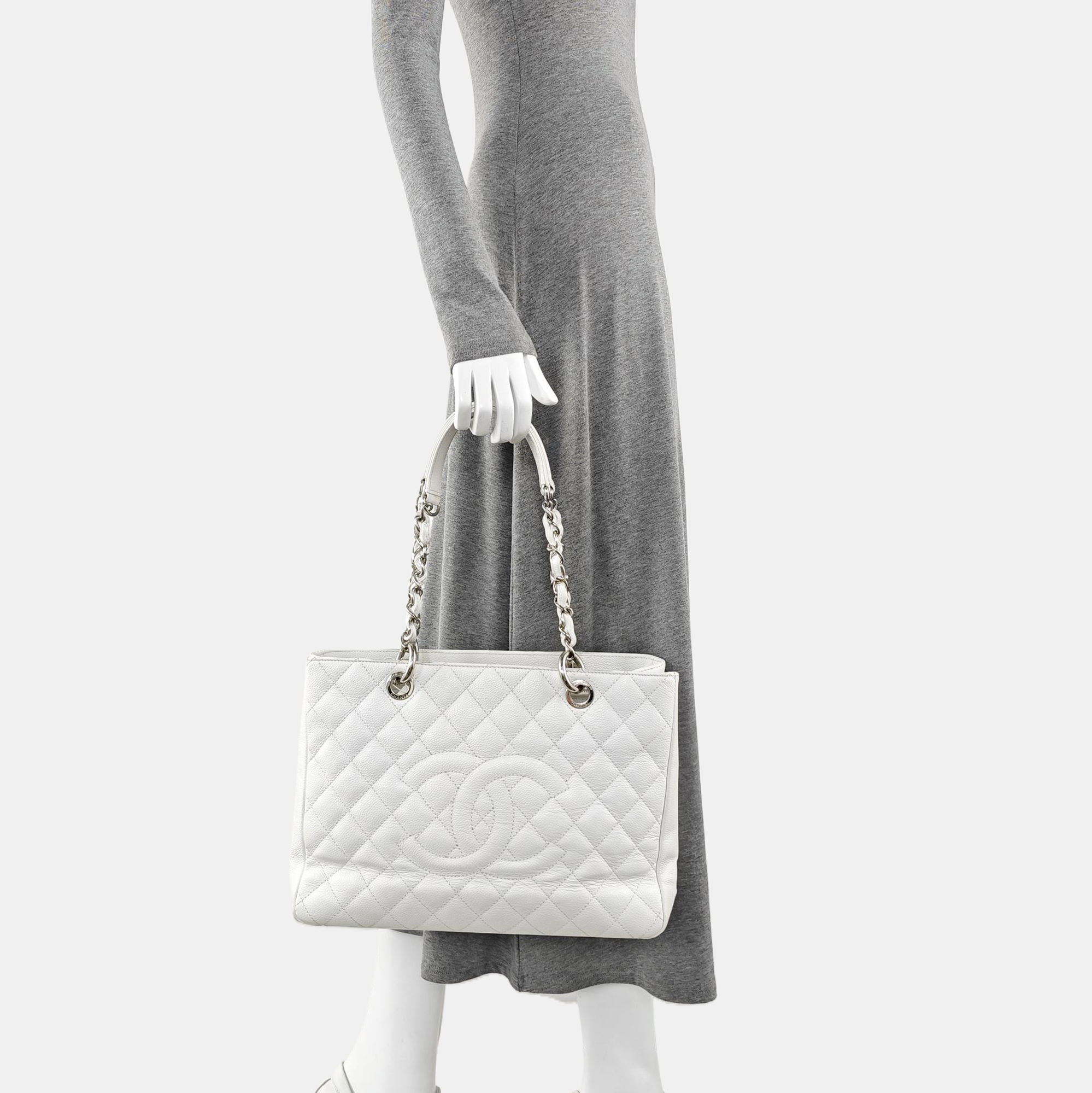 CHANEL GST Large Quilted Grained Calfskin White