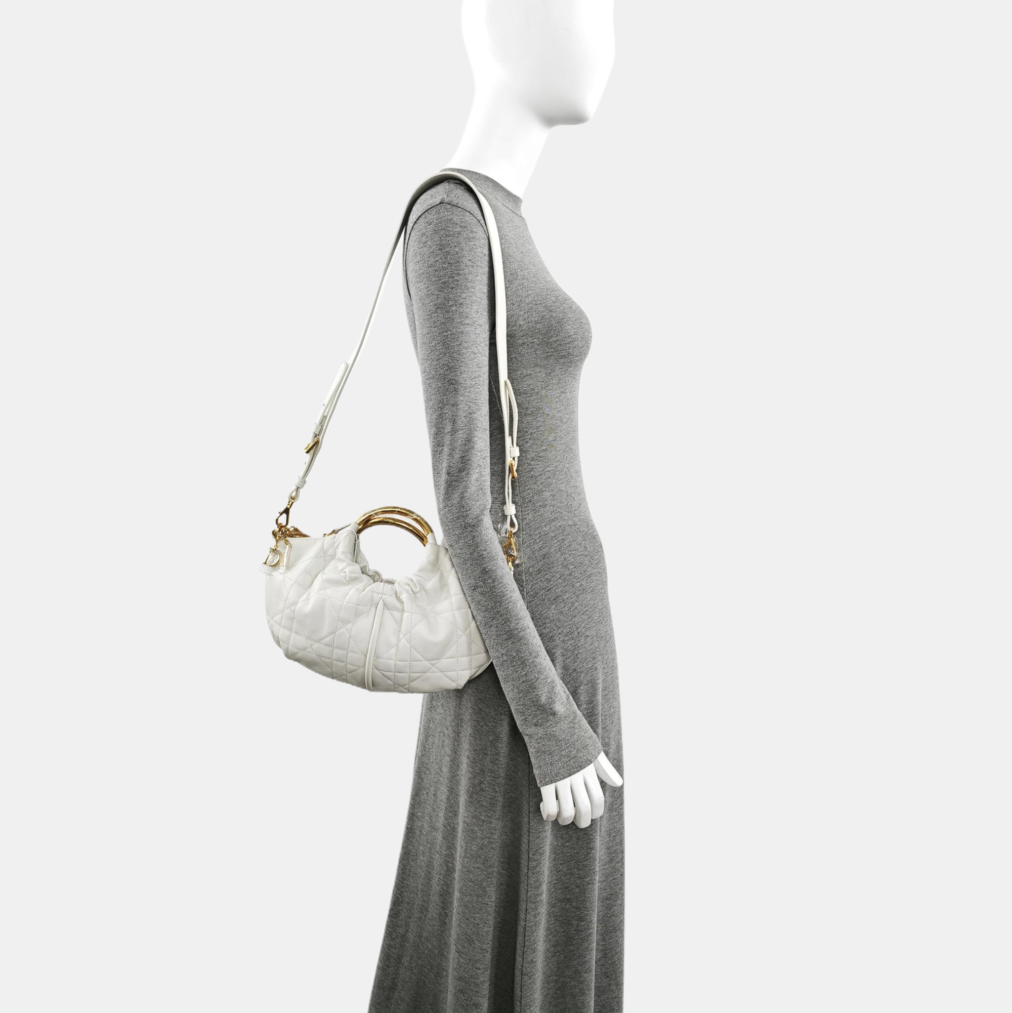 Cannage Calfskin Shoulder Bag White