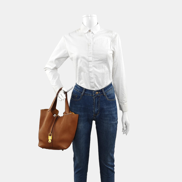 Authenticated pre-owned  Picotin Lock 22 Clemence Brown - Bucket Bag at Looply
