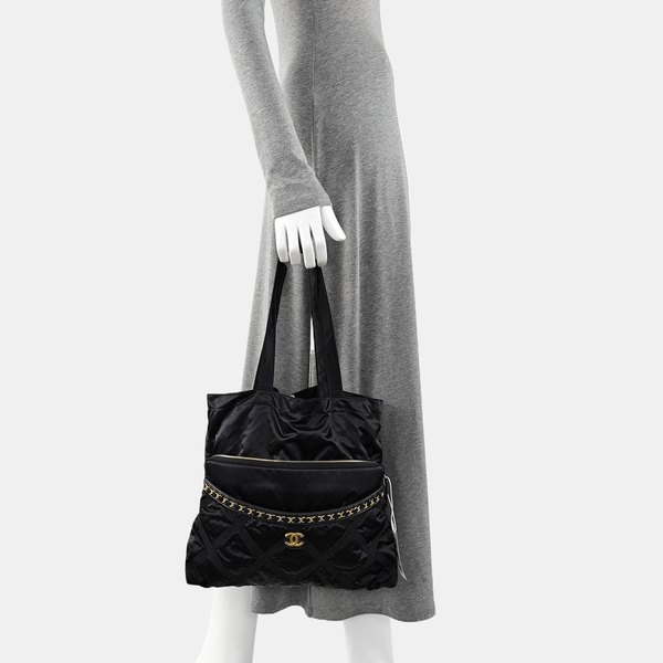 Quilted Fabric Top Handle Bag Black